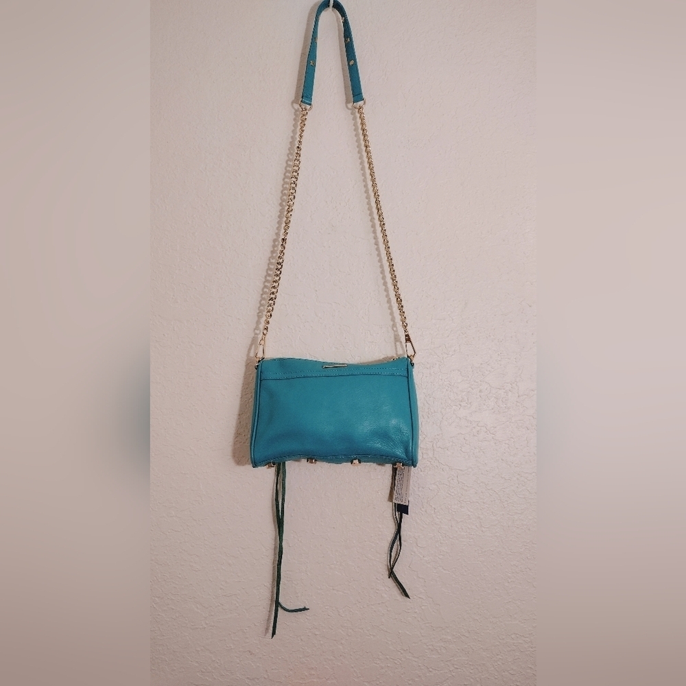 Rebecca Minkoff Mini MAC Aqua Teal Leather Crossbody Bag Chain Strap Tassel Bag - Picture 13 of 17